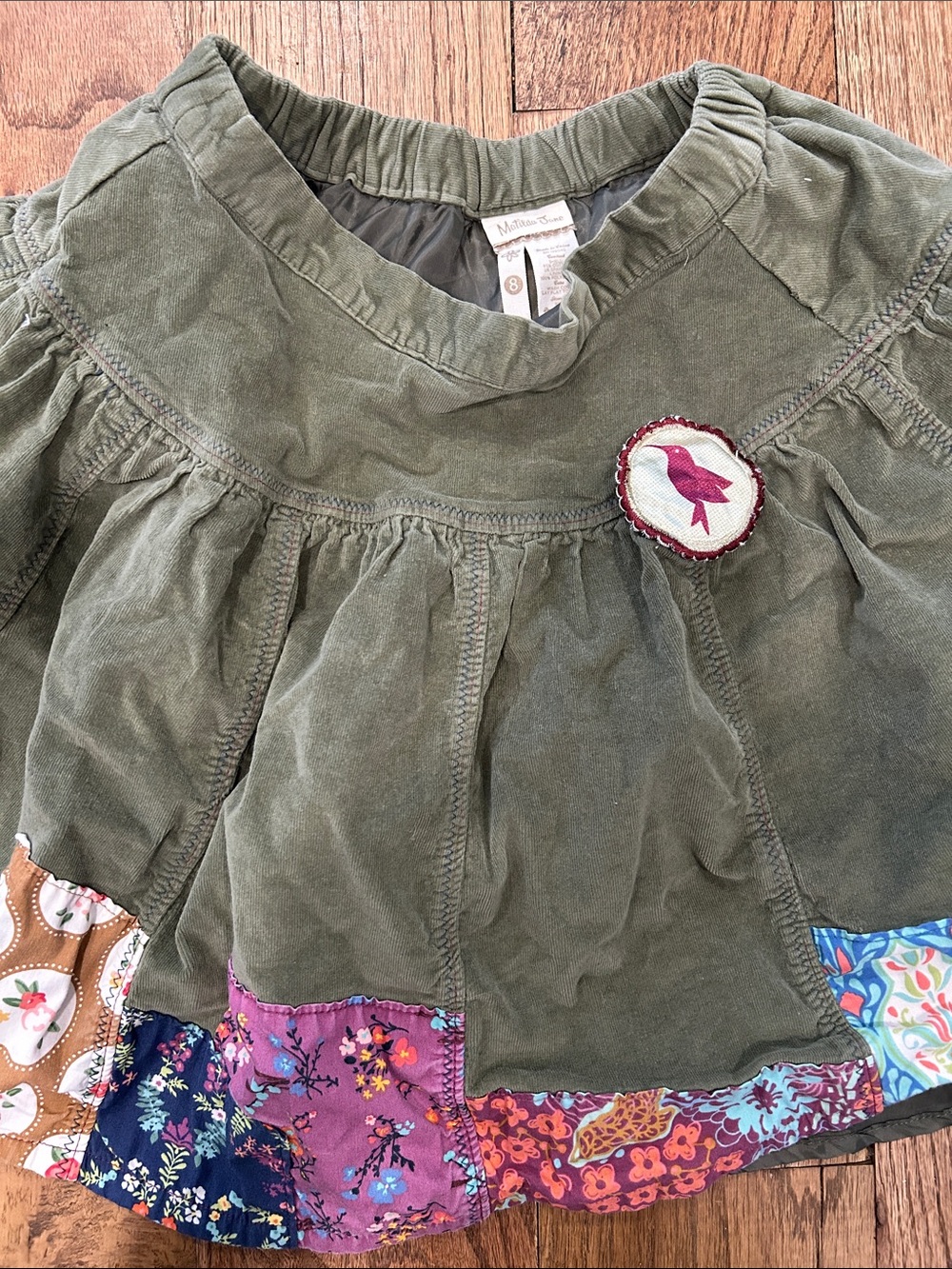 Matilda Jane Girl Skirt Green Patchwork Boho with Bird Patch